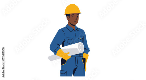 A vibrant construction worker with helmet holding blueprint on white background