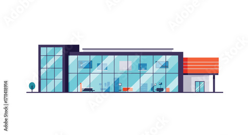 Stylized vector illustration of a modern hospital wing with glass facade