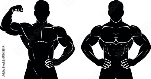 Black silhouette of muscular men posing for bodybuilding fitness showcasing athletic physique silhouette