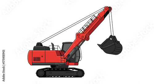 Vibrant dragline excavator illustration with extended boom on white backdrop