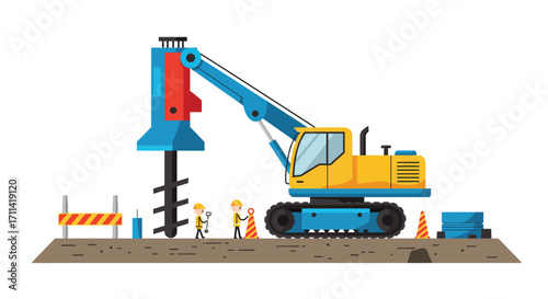 Stylized vibrant illustration of a pile driver at a construction site