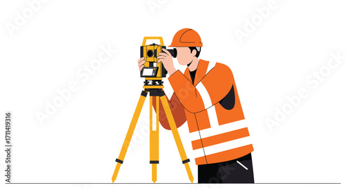 Surveyor precision: A vibrant vector illustration of a worker using a theodolite