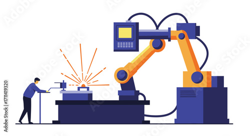 Automated welding cell with robotic arm and worker in modern factory