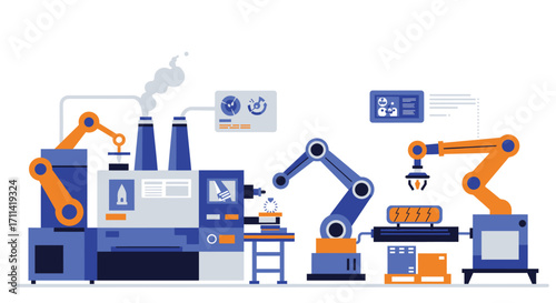 Stylized flat vector illustration of a factory using full automation
