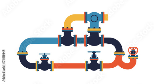 Stylized illustration depicting an industrial pipeline system with vibrant valves