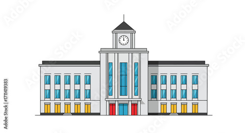Stylized Government Building Illustration with Clock Tower Against Plain Backdrop