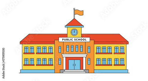 Stylized flat vector illustration of a public school building with flagpole