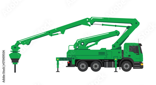 Flat vector illustration of a green concrete pump truck against white background