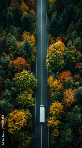 Aerial top down view of winding asphalt road through autumn forest with colorful trees and white cargo truck, showcasing nature beauty and road trip concept.