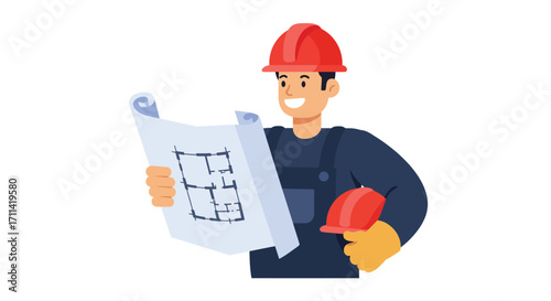 Illustration of a construction worker reviewing architectural plans on white