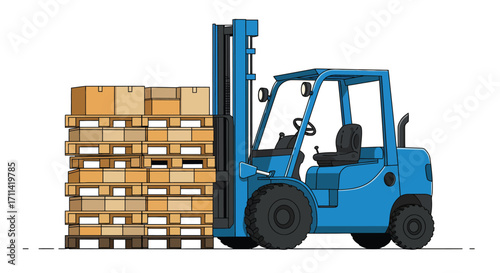 Vibrant forklift illustration, blue machine lifting pallets with boxes stacked high