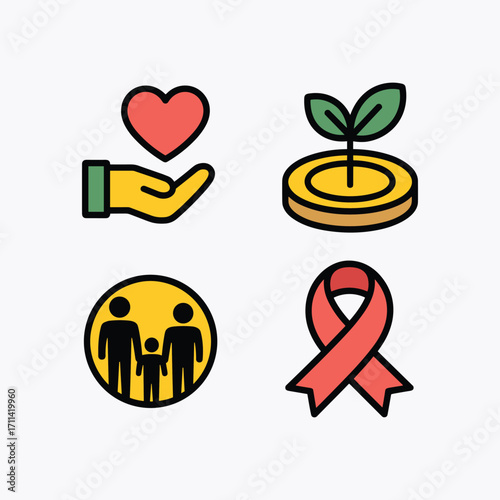 Four Icons Representing Charity, Growth, Family, and Health Awareness Keywords: icons, symbols