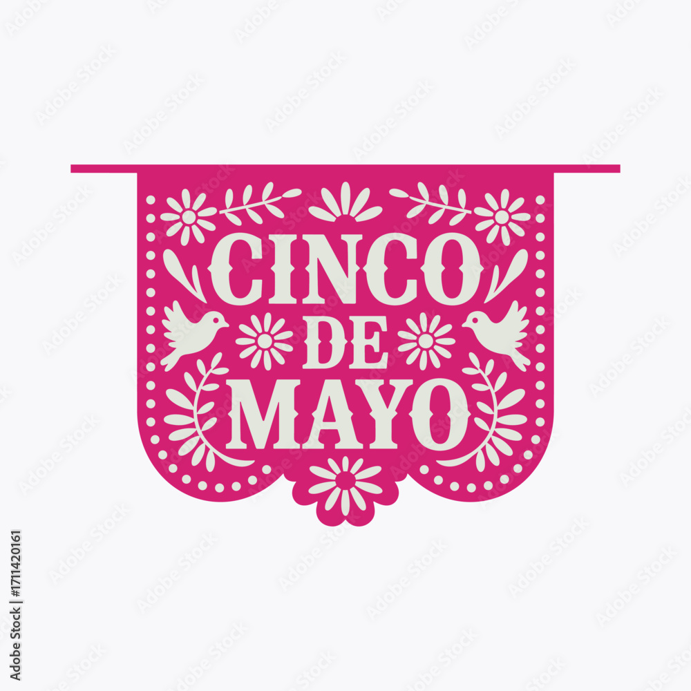 Fototapeta premium Pink Papel Picado Banner with Cinco de Mayo Text and Floral Motifs Keywords: cinco de mayo, banner