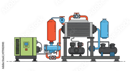 Stylized flat vector illustration of a vibrant gas compressor skid package