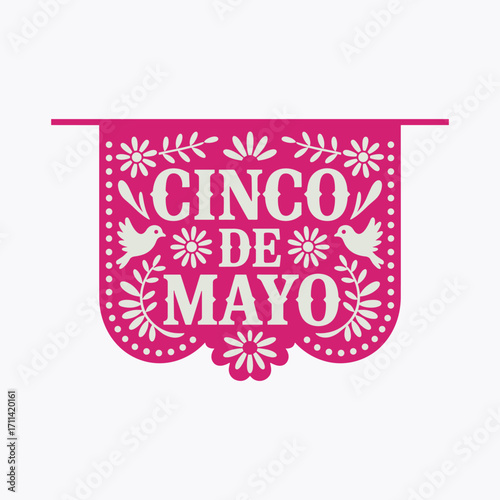 Pink Papel Picado Banner with Cinco de Mayo Text and Floral Motifs Keywords: cinco de mayo, banner