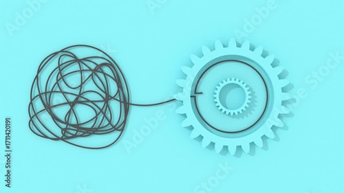 Process of solving, unleashing problems animation. From a complex problem to a simple business solution. Brainstorming video. Thin line knot and gears
