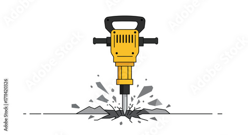 Stylized jackhammer illustration impacting surface with fractured ground
