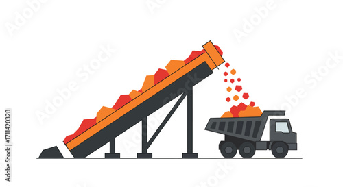 Stylized ore chute filling a dump truck illustration on white backdrop