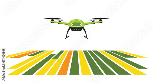 Stylized flat vector illustration of a vibrant smart farming drone flying