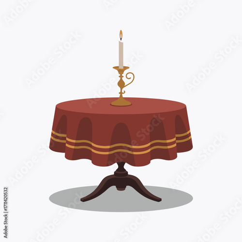 Round table covered with a red tablecloth and a lit candle Keywords: table, round table, tablecloth