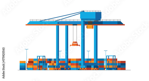 Stylized flat vector of a vibrant gantry crane in a container yard