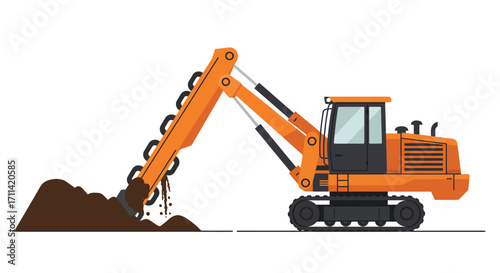 Vibrant trenching machine elegantly digging earth in flat vector illustration