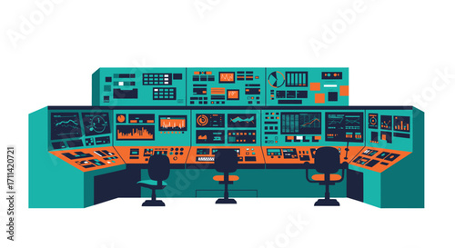 Vibrant stylized control room illustration with operator panels on white