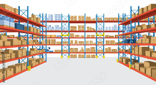 Stylized vector illustration featuring a vibrant warehouse interior loaded with shelving