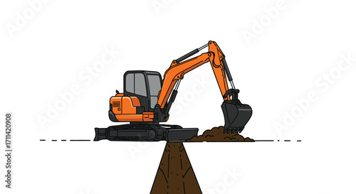 Stylized illustration of a mini excavator digging a trench on white backdrop