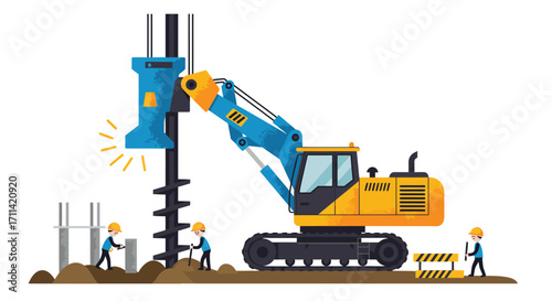 Construction scene featuring a pile driver and workers in vector illustration