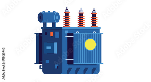 Stylized flat vector illustration of a vibrant high-voltage electrical transformer