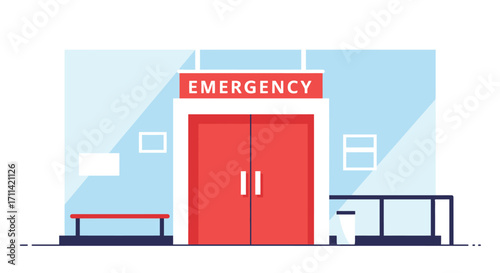 Stylized emergency entrance illustration conveys medical urgency, hope