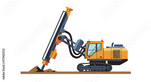 Vibrant flat vector illustration of a rotary blasthole drill on a mining bench