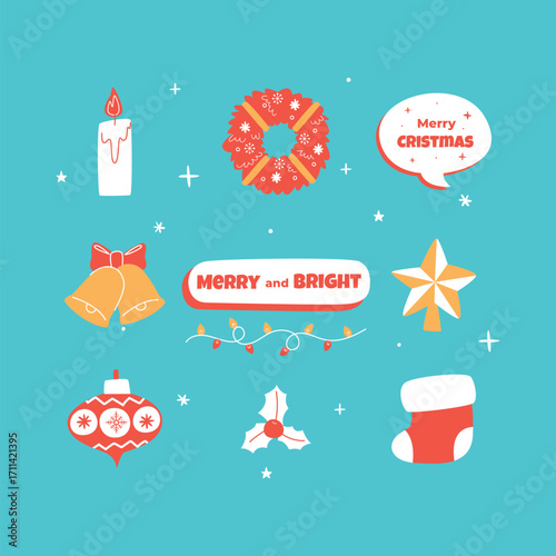 Cute flat illustration christmas label Stickers collection