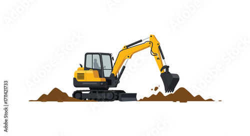 Stylized Flat Vector Illustration of a Mini Excavator Digging a Trench