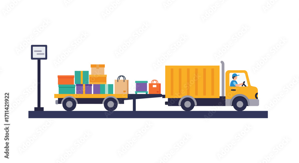 Naklejka premium Vibrant flat vector illustration of cargo truck loading goods at a dock