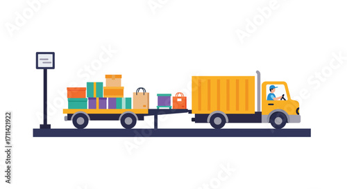 Vibrant flat vector illustration of cargo truck loading goods at a dock