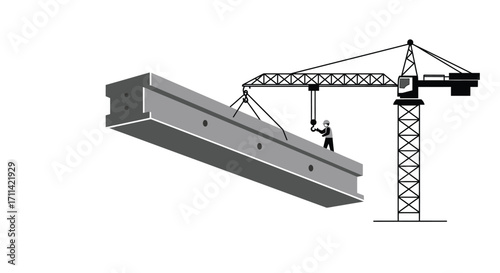 Installation of a prefabricated concrete beam by a crane on construction site