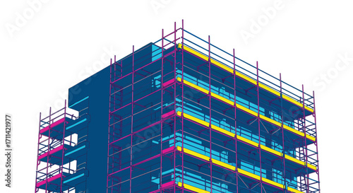 Vibrant scaffolding wrapped around a blue high-rise against stark white backdrop