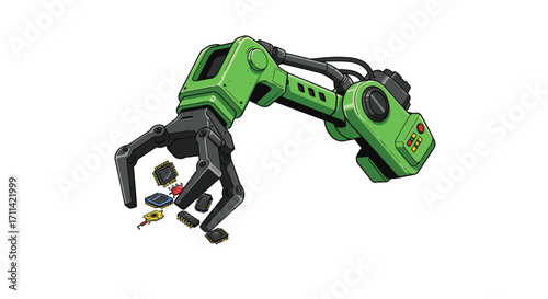 Vibrant robotic arm lifting tiny electronic components with precision