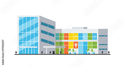Modern hospital design with glass facade and colorful interior elements