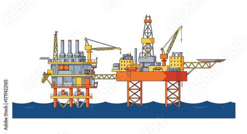 Detailed offshore oil rig illustration against a stark white background