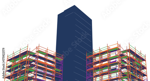 Colorful construction scaffolding adorning a modern highrise building's facade