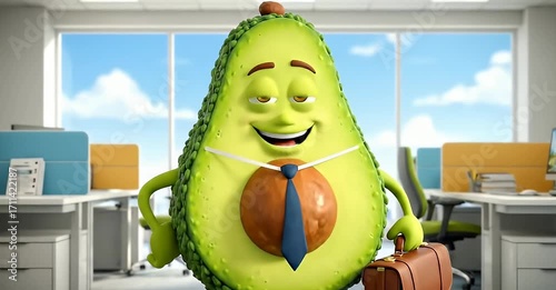 Cartoon avocado businessman with briefcase in an office setting.