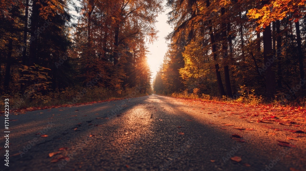 Fototapeta premium Road in autumn forest at sunset.