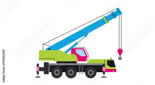 Colorful stylized mobile crane illustration with extended telescopic boom