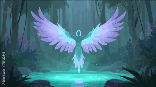 Angel figure in forest pond