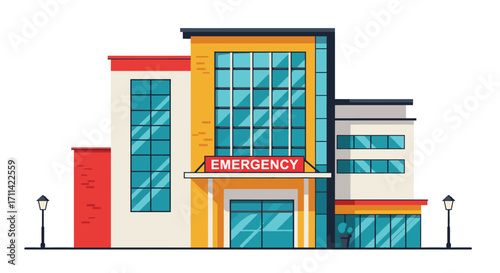 Vibrant stylized flat vector illustration of a modern hospital exterior