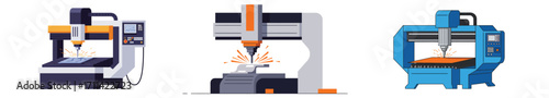 Vibrant CNC machines cutting metal with precision on a white background