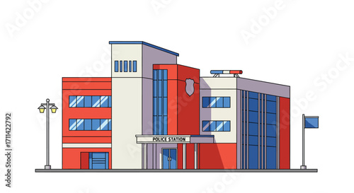 Stylized flat vector illustration of a vibrant modern police station building